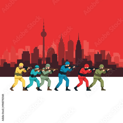 Diverse Soldiers in Uniform Marching with Rifles Against City Skyline