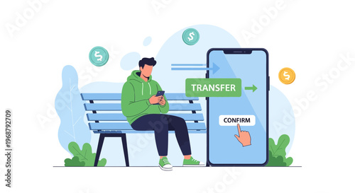 Man transferring money online via smartphone while sitting on a park bench, digital finance concept