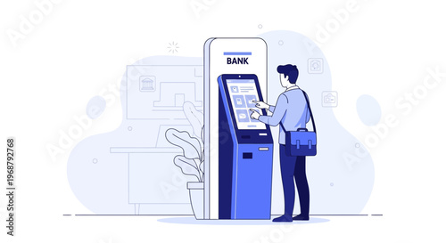 Man using ATM machine for banking transactions, modern finance technology concept