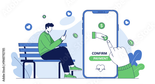 Man uses smartphone for online payment confirmation on a bench, digital transaction concept