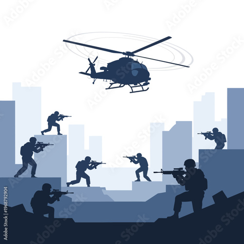 Military Helicopter and Soldiers in Urban Combat Silhouette
