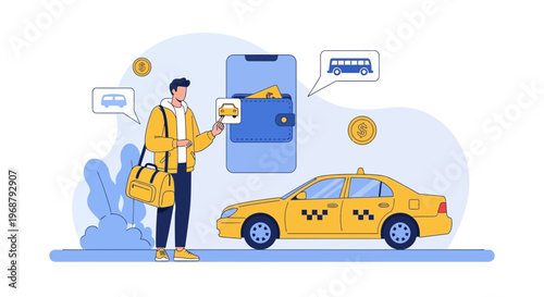 Man using mobile app for taxi booking and payment, yellow taxi car on street