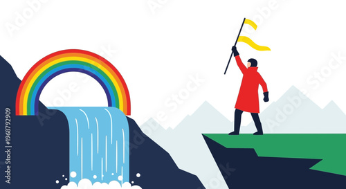 Victorious Climber Planted Flag On Mountain Peak Above Rainbow Waterfall