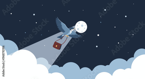 Whimsical Bird Carries Moonbeam Message Through Starry Night Sky