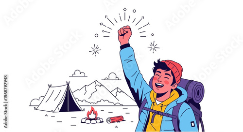Victorious Hiker Raises Fist in Triumph Amidst Mountain Camping Scene