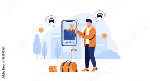 Man using mobile app for taxi booking and payment with digital wallet and coins