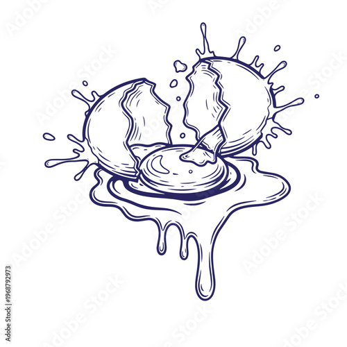Hand drawn line of a cracked chicken egg with yolk spilling out and liquid splashes isolated on a white background