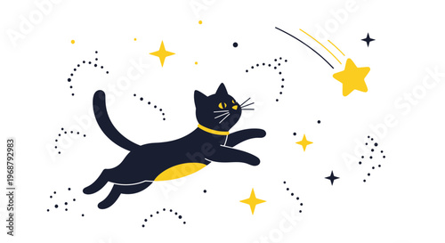 Whimsical Black Cat Chasing A Shooting Star Amidst Starlit Wonder