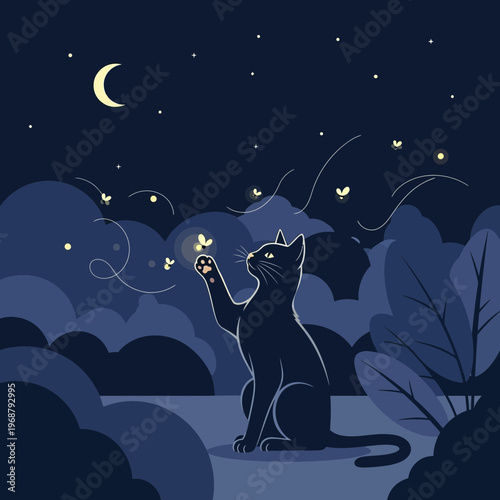 Whimsical Black Cat Playing With Fireflies Under A Starry Night Sky