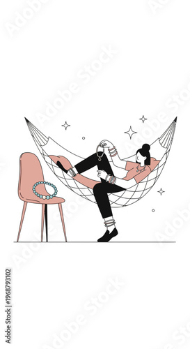 Whimsical Illustration of a Person Relaxing in a Hammock