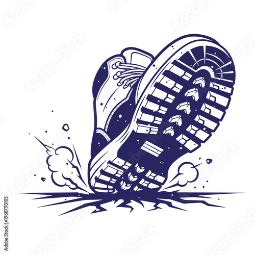 Of a heavy hiking boot stomping on the ground creating a crack in the earth with dust clouds and flying debris in a dark blue monochromatic style on a white background