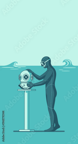 Vintage Diving Helmet Preparation For Deep Sea Exploration