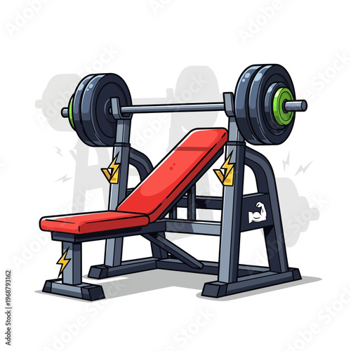 Vintage Weight Lifting Bench With Barbell And Weights Fitness Equipment Illustration
