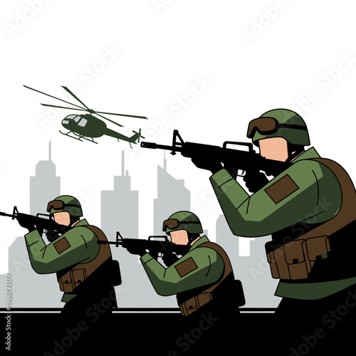Military Soldiers and Helicopter in Urban Combat Scene
