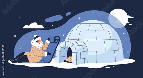 Winter Adventure Person Preparing For Sledding Downhill Near Igloo