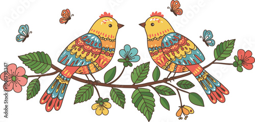 A set of cute cartoon vector illustrations featuring colorful tropical birds like parrots and macaws with feathers and beaks perched on a jungle tree branch with flowers in a nature design