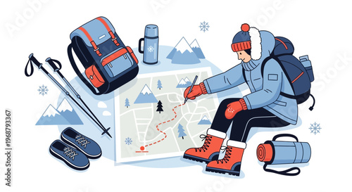 Winter Adventure Planning Person With Backpack And Hiking Gear Examining Map