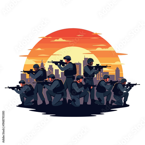 Military squad in formation with rifles against a city skyline at sunset