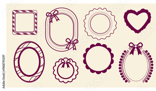 Collection of decorative vintage frames and labels in various shapes including oval, round, square, and heart designs. Elegant outline vector set with bows and ornamental details isolated on a light b