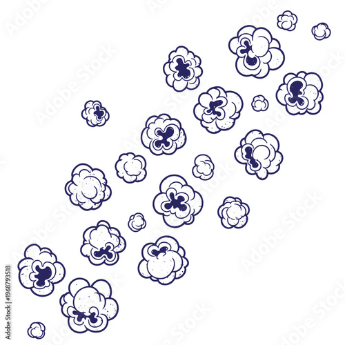 Scattered popcorn kernels with dark blue outlines and stippled texture on a white background snack food