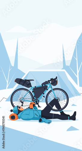 Winter Bikepacking Adventure Person Resting Beside Bicycle Cold Weather Travel Exploration