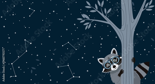 Whimsical Raccoon Peeking From Tree Under Starry Night Sky