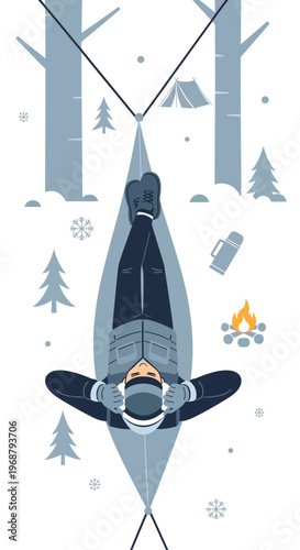 Winter Camping Relaxation Amidst Snow-Kissed Forest Landscape