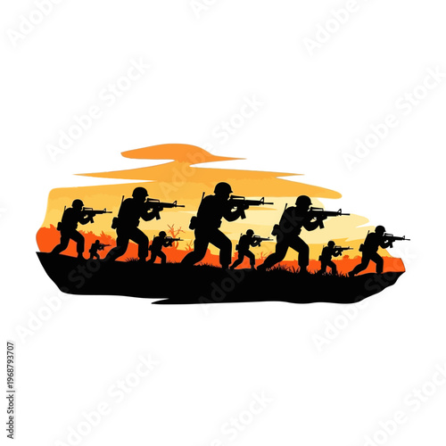 Silhouette Soldiers Advancing at Sunset