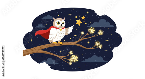 Whimsical Super Owl Soaring Through Starry Night Sky