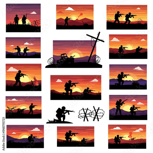 Pixel Art Soldiers Silhouette at Sunset, War Battlefield Scene