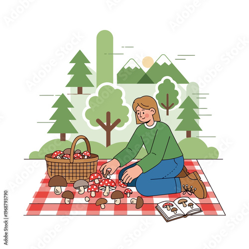 Whimsical Forest Forager Finds Abundant Mushroom Harvest Outdoors