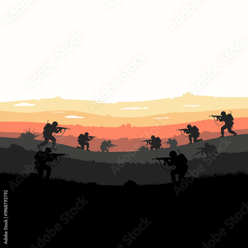 Silhouette soldiers advancing in combat, sunset battlefield, war scene, military action, strategic advance