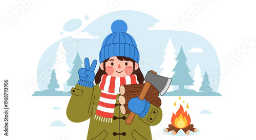 Winter Woodsman Gathering Firewood Near Cozy Campfire Illustration
