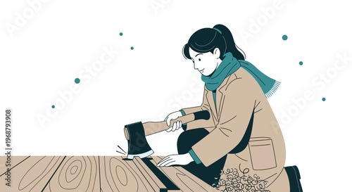 Winter Work Woman Chopping Wood With Axe Cold Weather Activity