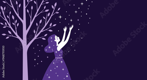 Whimsical Woman Reaching For Sparkling Stars Under A Mystical Tree
