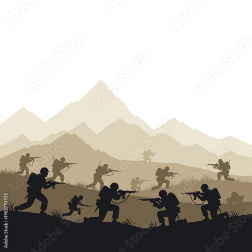 Silhouette soldiers advancing in mountainous terrain, battlefield, military operation, war scene