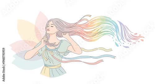 Whimsical Woman With Rainbow Hair And Flowing Ribbons