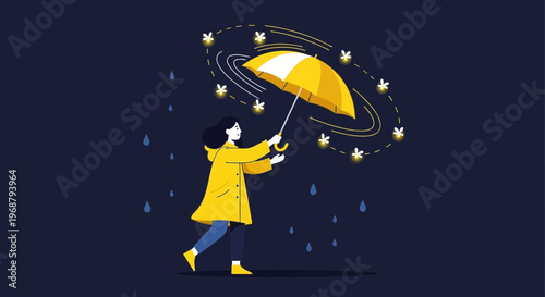 Whimsical Woman With Yellow Umbrella Amidst Magical Fireflies And Rain Showers