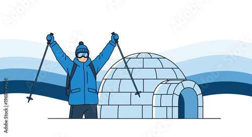 Winter Explorer With Igloo And Ski Poles Celebrates Arctic Adventure Success