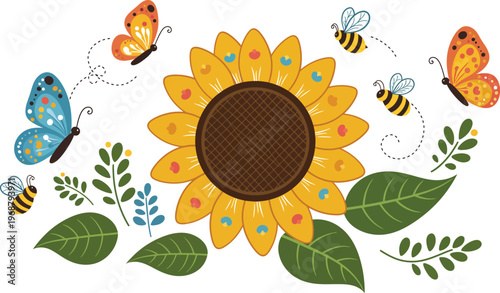 A beautiful vector illustration of a single bright yellow sunflower plant isolated on white featuring a detailed floral blossom and green leaf for summer garden nature and agriculture designs