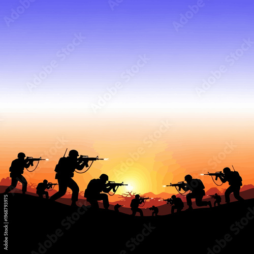 Silhouette Soldiers Advancing in Desert Landscape at Sunrise