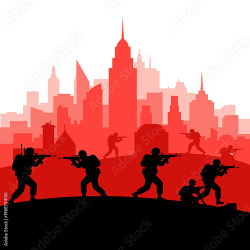 Silhouette Soldiers Attack Cityscape Red Background
