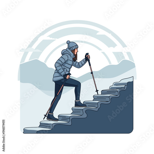 Winter Hiking Ascending Snowy Mountain Steps With Trekking Poles