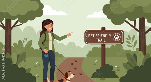Woman And Dog Hiking Trail Enjoying Nature Together
