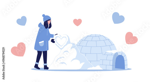 Winter Joyful Snow Heart Creation Next To Arctic Dwelling