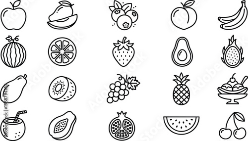 Fruit Line Icon Set with Apple, Banana, Strawberry, Avocado, Watermelon, Citrus and Tropical Food Symbols for Healthy Lifestyle Designs