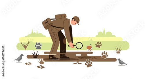 Wildlife Explorer Investigating Animal Tracks In A Nature Scene For Research And Study
