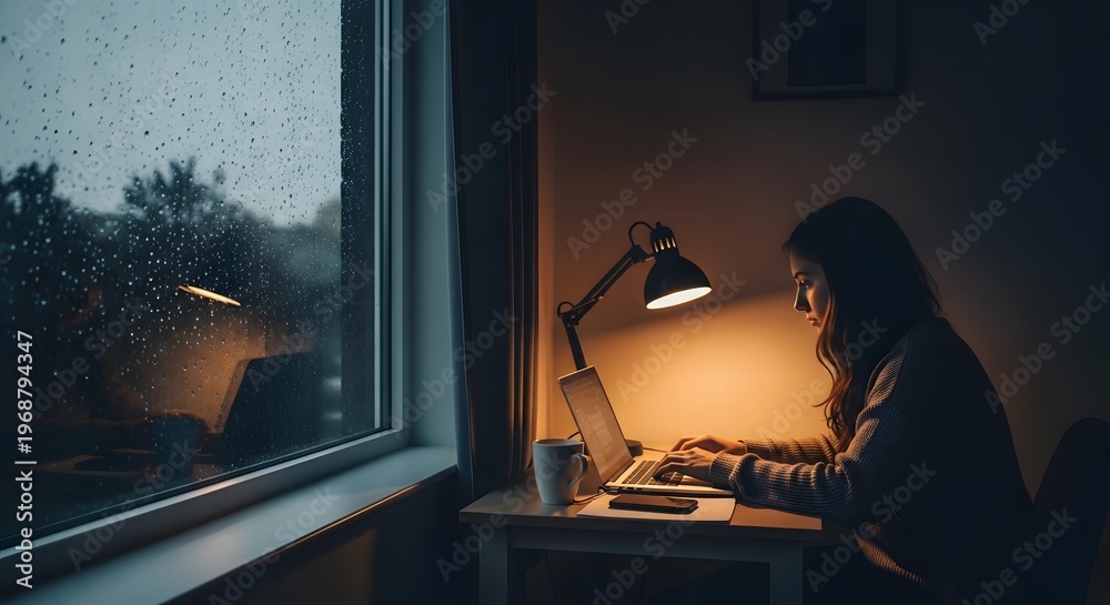 Fototapeta premium A Young Woman Focuses On Her Laptop While Working Late At Home During A Rainy Evening, Illuminated By The Warm Glow Of A Desk Lamp.