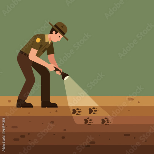 Wildlife Ranger Inspects Animal Tracks In The Ground With A Flashlight