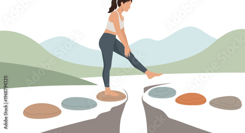 Woman Balancing On Stepping Stones In A Serene Landscape